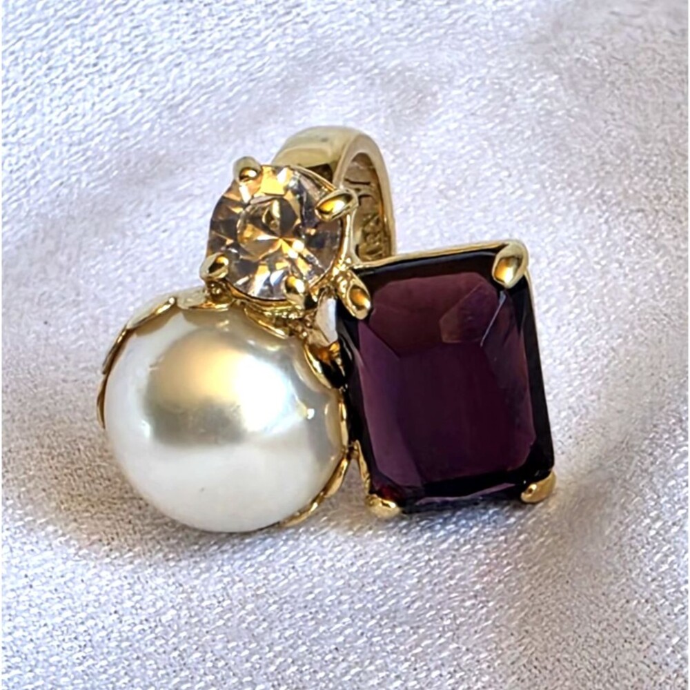 J Crew Cluster Pink Purple Crystal White Faux Pearl Gold Tone Cocktail Ring Sz 6